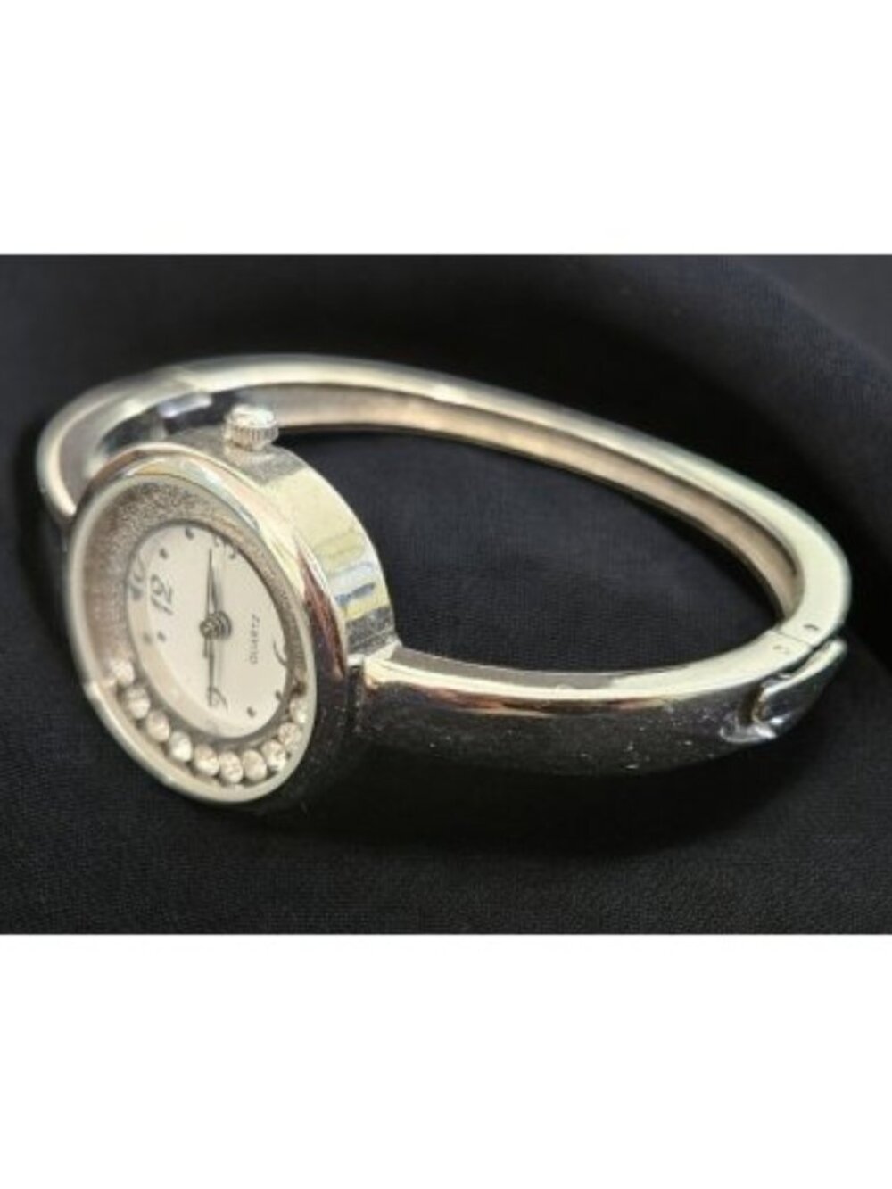Silvertone Rotating Rhinestones Hinged Ladies Bangle Bracelet Quartz Watch